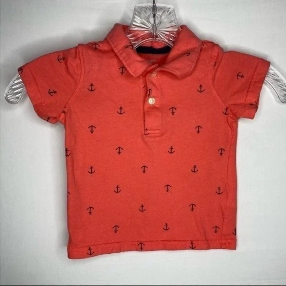 5/$15 Carters Pink Blue Nautical Anchor Print Short Sleeve Polo Cotton 18 months